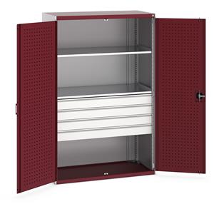 40022088.** Bott cubio kitted cupboard with lockable steel perfo lined doors 1050mm wide x 650mm deep x 2000mm high.  Supplied with 4 x 125mm high drawers and 2 x metal shelves.   Drawer capacity 75kgs, shelf capacity 160kgs. ...